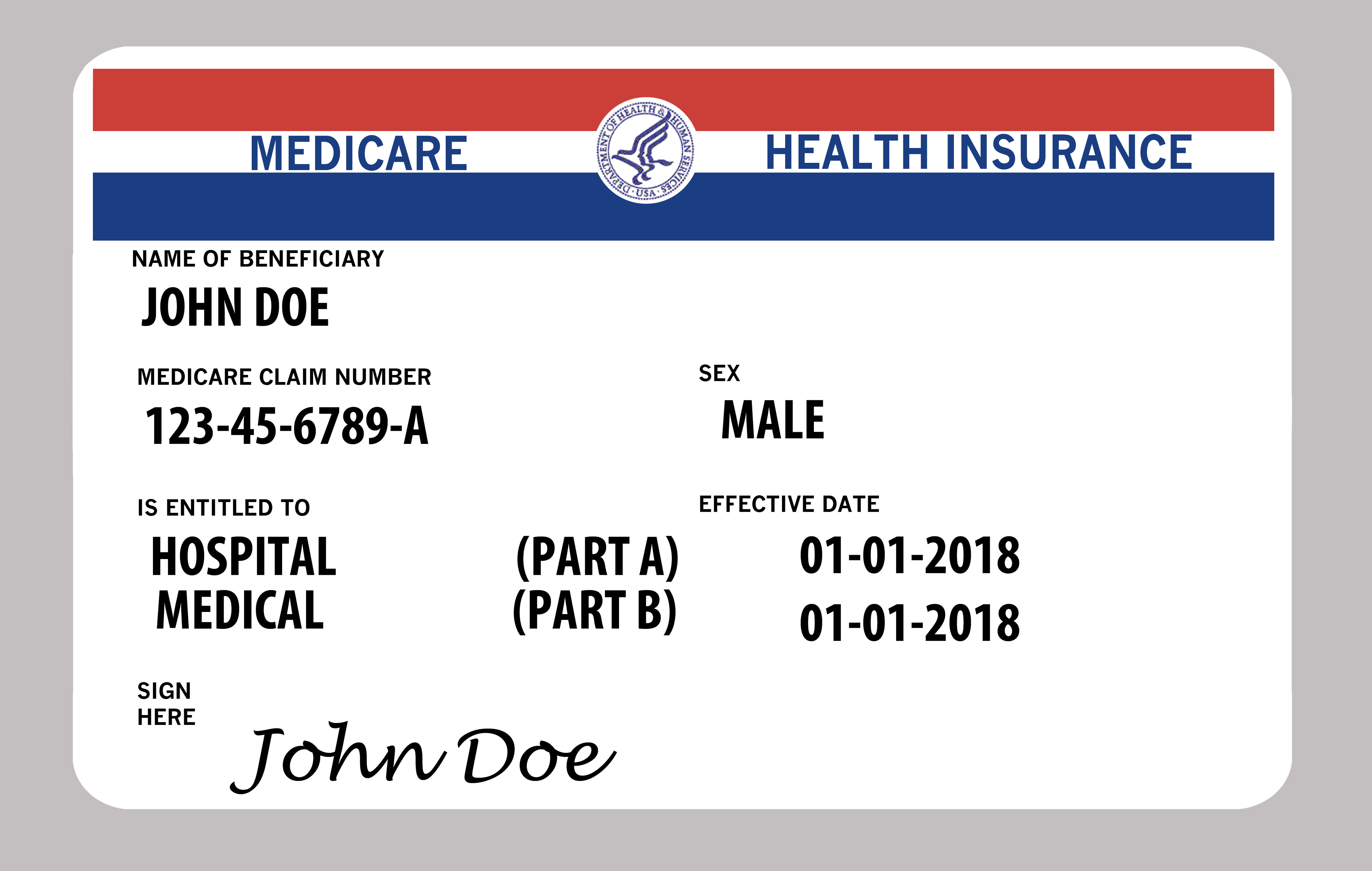 Medicare health insurance card. This is a John Doe mock Medicare card.